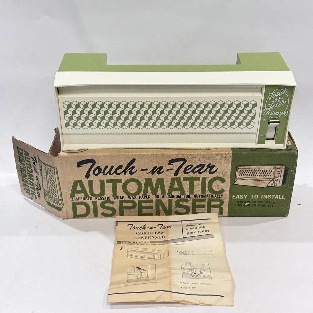 Vintage 70's Touch-n-Tear Automatic Foil Wrap Wax Dispenser Avocado Green IOB - Picture 1 of 15